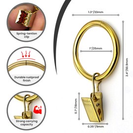 Gold Finish Curtain Rings with Clips 1 Inch Set of 20 Heavy Duty Curtain Hooks for Drapes, Caps, Pictures - fits on Rod Diameter Upto 0.9 Inch/22.86mm… (Gold, 1" Inch - 20 Pack)