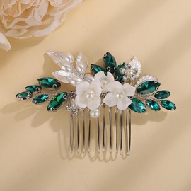 Rumtock White Flower with Pearl Beads Green Rhinestones Hair Comb for Wedding Brides Women Handmade Hair Accessories (Green)