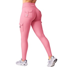 YEOREO CoreFlex Workout Cargo Leggings with Pockets for Women Hidden Scrunch Butt Lifting Leggings Gym Yoga Pants Pink M