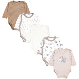 TupTam Baby Bodysuit Long Sleeve - Wrap Bodysuit Long Sleeve in Pack of 5 Cotton for Girls and Boys, Bear Stars Beige