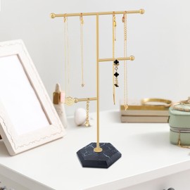Jewelry Stand Organizer, Metal Necklace Holder Display Stand, T-shaped Jewelry Tower Display & Storage with Marble-textured Base for Necklaces, Earrings, Bracelets, Rings, Scrunchies and Watches