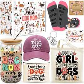 9 Pieces Dog Mom Gifts for Women, Best Dog Lovers Gifts for Women with 16oz Glass Cup, Baseball Cap, Tote Bag, Makeup Bag, Socks, Bracelet, Keychain for Dog Lover Birthday Christmas Mothers Day Gift