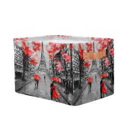 Eiffel Tower Storage Basket Bins Paris France Flower Toys Books Clothes Canvas Storage Box Cubes Rectangular Collapsible with Handles for Bedroom Nursery Home Office Decor Organizer Basket