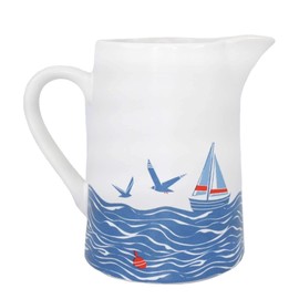 Half Moon Bay Sailboat Seagulls - Coastal Theme - Blue/White 17 Ounce Ceramic Pitcher Jug Vase