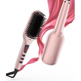 Updated 2025 MEGAWISE Hair Straightener Ceramic Brush ; Anti-Scald Dual Voltage Flat Iron Hot Brush | Rotatable Cord |Auto Shutoff | Anti-frizz |for All Hair Types (Pink)