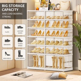 CIMLORD 6-Tier Foldable Shoe Rack for Closet Entryway 12-24Pairs,Stackable Clear Shoe Storage Boxes Organizer with Door Plastic Shoe Cabinet Bins with Lids Shoes Shelf Easy Assembly Large White