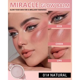 Miracle Glow Balm - Hydrating Tinted Cream Blush, Multi-Use Glow Face Balm Makeup for Cheek & Eye & Lip Tint, Creamy Lightweight Blendable Highlighter Blusher, Radiant Skin Finish, 01#Natural
