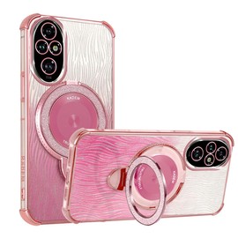 YUEQIAN Glitter Case for Honor 200 5G, Ultra Thin Bling Sequins Ring Stand Women Girls Case, Sparkle Transparent Soft TPU Magnetic Holder Shockproof Cover. Pink