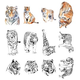 12 Sheets Tiger Temporary Tattoos for Men Women, Realistic Tiger Arm Chest Leg Back Shoulder Tattoo Stickers for Adults, Wild Beast Animal Body Art