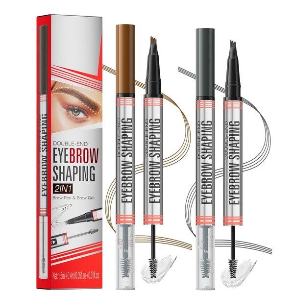 2PCS Eyebrow Gel and Pencil Combo, Waterproof, Smudge-Proof, 4-Prong Microblading