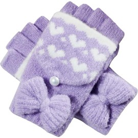 InSomila Girls' Gloves, Elementary School Students, Children, Knitting, Stylish, Solid, Ribbon, Heart Gloves, Hand, Hand, Cold Protection, purple