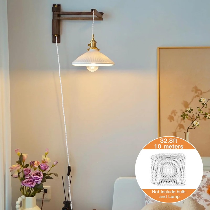 Helunsi 32.8ft Twisted Cloth Covered Wire - White 18/2 Electrical