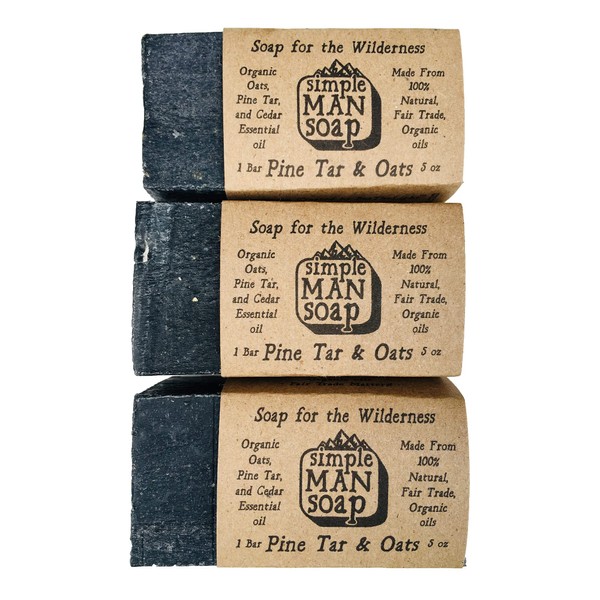 SimpleMan Soap Bar (Pine Tar and Oats) - Men’s soap with Organic & Fair Trade Essential Oils - All Natural Manly Soap - Refreshing Bath Soap Bars - Handmade Man’s Shower Blocks (Pack of 3)