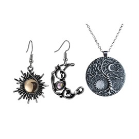 Retro Sun Moon Earrings & Necklace Moonstone Asymmetric Boho style Earrings for Women Jewelry-Earrings & Necklace B