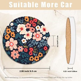 Retro Colorful Folk Floral Car Coasters for Cup Holders, 2 Pack Car Cup Holder Coasters for Women Men, 2.56 inch Anti Slip Insert Absorbent Ceramic Car Cup Coasters with Cork Base and Finger Notch