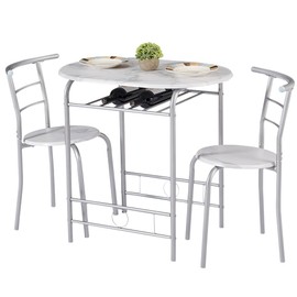 VECELO 3-Piece Dining Table Set for Kitchen Breakfast Nook, Faux Marbled Oval Tabletop and Metal Frame with Built-in Wine Rack, for Small Spaces, White & Silver