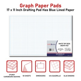 AUKSales 11" x 17" Quadrille Graph Paper Pad 50 Sheets Landscape - 0.25" 4x4 Square Grid, Blueprint, High Brightness, Border-Outlined, Ideal for Large Drafting, Engineers, Architects, Mathematician