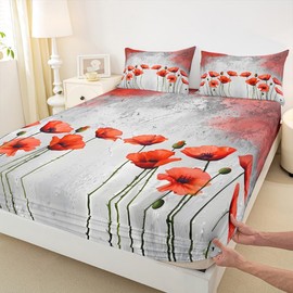 Poppy Kids Fitted Sheet Twin Size,Red Flowers Rustic Farmhouse Bedding Set,Girls Boys Adults Room Decor,Grey White Graffiti Retro Bed Cover,Bohemia Romantic Bed Sheet,1 Pillowcase