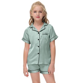 Veseacky Classic Silk Nightwear for Little Girls Notch Collar Button Down Satin 2 Piece Pajama Set (Grey,size 6)