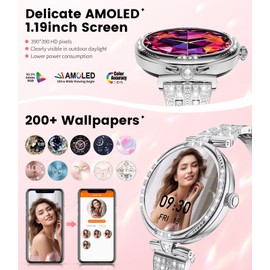 LIGE Smart Watches for Women (Answer/Make Call) with Diamonds，1.19” AMOLED Smartwatch,IP68 Waterproof Fitness Tracker 120 Sport Modes Pedometer for Android iOS,Sliver