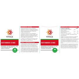 Vitals - Astamax 6mg Astaxanthin 60 Softgel-Kapseln Hochdosiert. Natürliches Astaxanthin aus Algen mit Vitamin C und E. Mit AstaReal vom Astaxanthin-Experten AstaReal