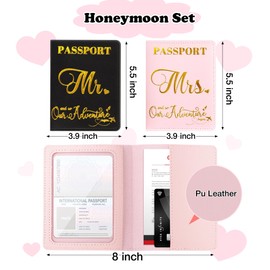 4 Pcs Mr and Mrs Luggage Tags with Passport Holder Set, Honeymoon Essentials Wedding Travel Gift for Couples, Bridal Shower Gifts for Newlyweds, Bride, Valentine's Day, Engagement (Black & Pink)
