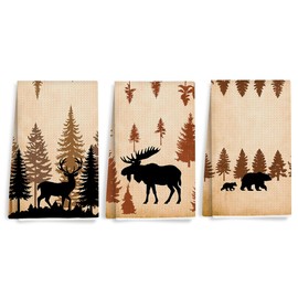 3PCS Wild Animal Deer Moose Bear Forest Camping Kitchen Towel for Campsite Cabin RV, Forest Wildlife Reusable Absorbent Waffle Weave Dish Tea Towels for Cleaning Cooking Baking, Camping Lovers Gifts
