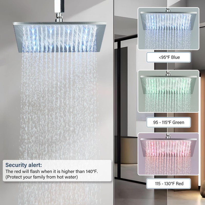 NeierThodore 12" LED Square Rainfall Shower Head Brushed Nickel Top