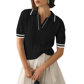 Micoson Summer Sweaters for Women Vintage Casual Short Sleeve Shirts Polo V Neck Pullover Tops Cable Knit Work Tee(Black White,M)