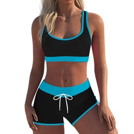 Wenly zeng - Traje de baño deportivo de dos piezas para mujer con espalda cruzada, Azul/claro, Large