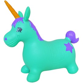 AppleRound Unicorn Bouncer with Hand Pump, Inflatable Space Hopper, Ride-on Bouncy Animal (Turquoise)