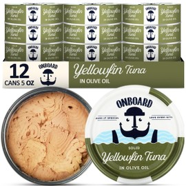 ONBOARD Premium Yellowfin Tuna in Olive Oil - 12 Pack Solid Light 5 Oz Cans Sustainably Wild Caught Canned Tuna, Non GMO, Gluten Free, Tinned Fish 24g Protein - Ingredient Rich Fish for Salad and Recipes