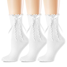 bropapa Womens Crew Ruffle Socks Cute Casual White Frilly Socks Ribbon Bow Breathable Cool Knit Cotton Lettuce Frilly Socks for Girls 3 Pack