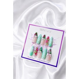 Sage Blooming Handmade Nail Tips - Long Stiletto / 세이지 블루밍 수제 네일팁 - 롱 스틸레토