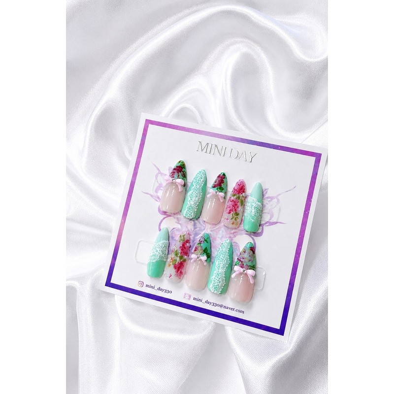 Sage Blooming Handmade Nail Tips - Long Stiletto / 세이지