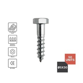DOJA Barcelona Hexagon Wood Screws Assorted Screws Pack 50-5 x 30 mm Hex Key Screws Galvanised Steel Pull Screws Construction Woodworking Interior Design