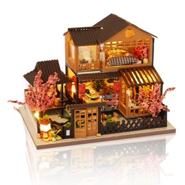 Cuteefun DIY Tiny Miniature House Kits, 1:36 Mini Dollhouse with LED, Wooden Crafts for Adults Teen to Building, Birthday (Cherry Blossom Courtyard)