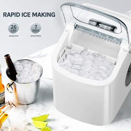 Kismile Ice Makers Countertop with Carry Handle,26Lbs/Day,9 Bullet Ice Ready in a 6 Mins Round,Auto-Cleaning Ice Maker with Ice Basket and Ice Scoop,Portable Ice Maker for Home,Office,Kitchen (White)