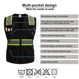 JETEVIOS Class 2 Women Safety Vest Hi Vis Reflective with 11 Pockets and Zipper,Meets ANSI/ISEA Standard Black, L