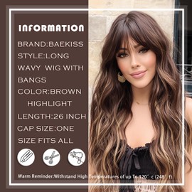 Long Brown Wig with Bangs Brown Wavy Wigs with Blonde Highlight 26 Inch Brown Highlight Wigs with Dark Roots Glueless Wigs for Women Natural Curly Brunette Wig Synthetic Wig for Women Daily Party Use