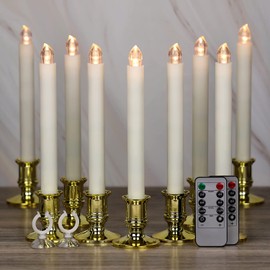 OWLBAY 12 Pack 8.7" H Flameless Window Candles with Remote and Timer, Battery Operated Flickering LED Taper Candles with Removable Gold Holders and Suction Cups, Ideal for Wedding/Christmas Decor