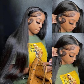 Ncozwo Straight Lace Frontal Wigs 13x4 Lace Front Straight Wig Pre Plucked with Baby Hair HD Transparent Density Artificial Fiber Human Hair for Women Pre Cut Glueless Lace Front Wig 26 Inch