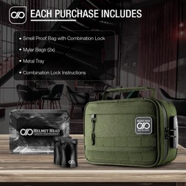 HELMET HEAD Large Smell Proof Bag & Case with Combo Lock - Includes Metal Tray & Travel Bags. Odor Proof Bags Offers Plenty of Room to keep all Herbs and Tools Securely Together (Herb Green)