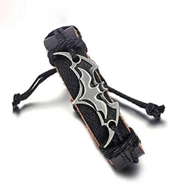 New Men's Leather Bracelet Stainless Steel Bat Signal Toggle Adjustable