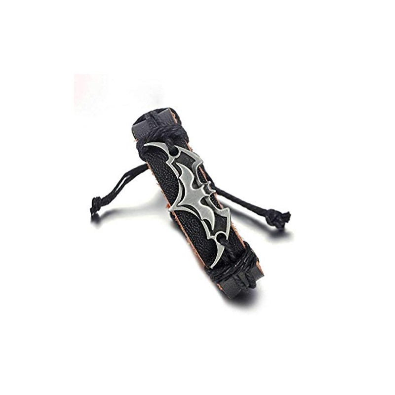 New Men's Leather Bracelet Stainless Steel Bat Signal Toggle Adjustable