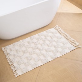 YIJIA GONGSI Boho Bathroom Rug,Bathroom Rug Floor Mat 2'×3', Woven Cotton Checkered Bath Rug with Tassels,Soft Absorbent Small Bath Mat for Bathroom Floor Tub Door Shower(2'×3'，Beige)