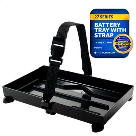 Five Oceans Marine Battery Tray for Group 27, Black, 13" x 7" - Boat Battery Holder with Hold-Down Strap for Boat, Fishing Boat, Yatch, Trailer, RV - FO-4896