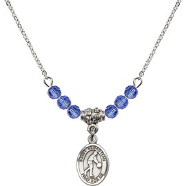 Bonyak Jewelry 18 Inch Rhodium Plated Necklace w/ 4mm Blue September Birth Month Stone Beads and Saint Sebastian/Basketball