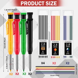 MotiMind 8 pack 2.8mm Mechanical Carpenter Pencils with 48 Refills, Construction Pencils with Built-in Sharpener, Long Nib Deep Hole Marker, Heavy Duty Woodworking Tools(Black+yellow+red+green)