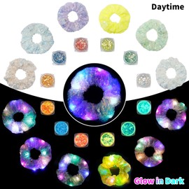 2-in-1 Glow Party Set: LED Scrunchies & Glow-in-Dark Body Glitter Gel, 6 Color Light Up Hair Scrunchies & Sparkling Face Makeup, Glow in the Dark Hair Scrunchies for Girls Festival Rave Party Supplies
